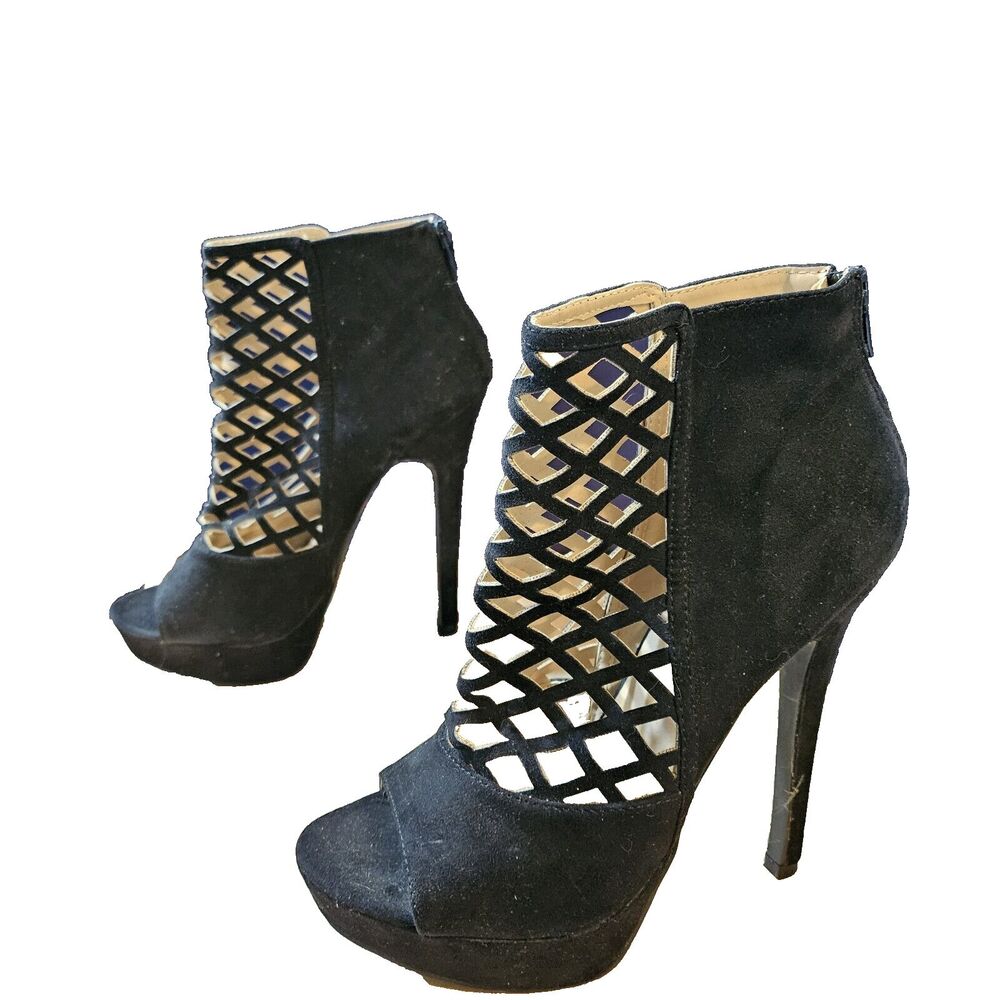 Just Fab Faux Black Suede Caged Platform Stiletto Heels US 7 EUR 37.5 Back Zip